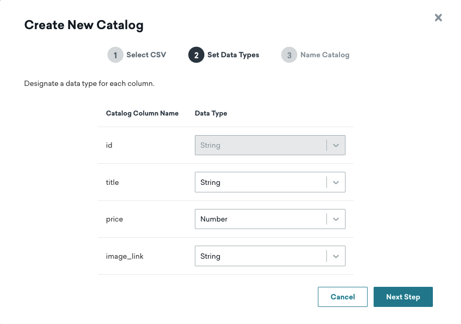 4 つのカタログ列名:”id”、”title”、”price”、”image_link”.